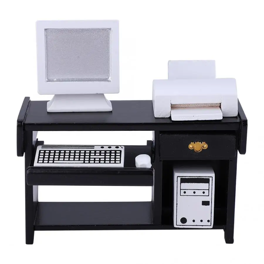 

Doll House Simulation Wooden Computer Desk Chair Printer Miniature Office Furniture Set for 1:12 Doll House Accessory Toys