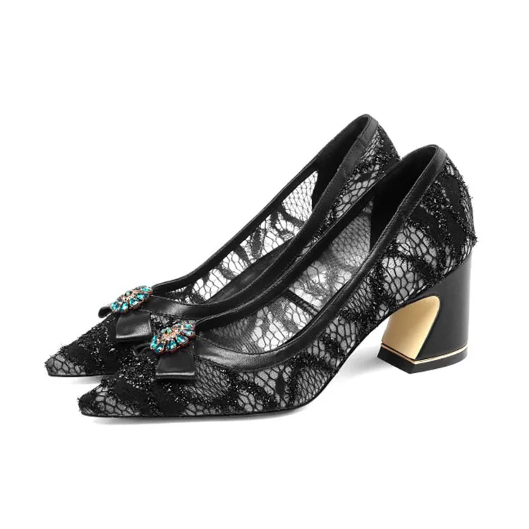 MLJUESE/ г. Женские туфли-лодочки Демисезонные женские туфли из коровьей кожи и сетчатого материала на высоком каблуке-шпильке синего цвета, украшенные кристаллами вечерние туфли, размер 34-43 - Цвет: Black