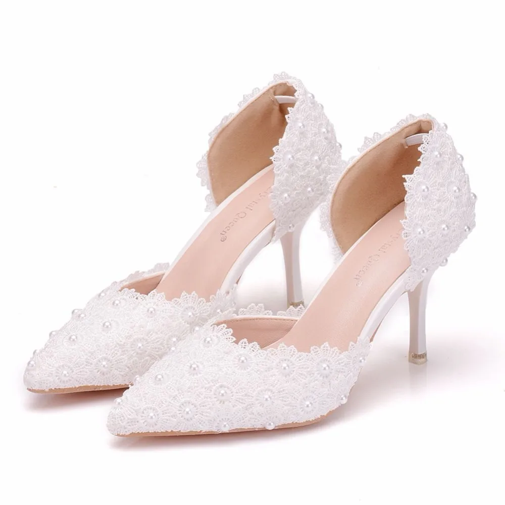 Crystal Queen White Lace High Heels Wedding Shoes Bride Party