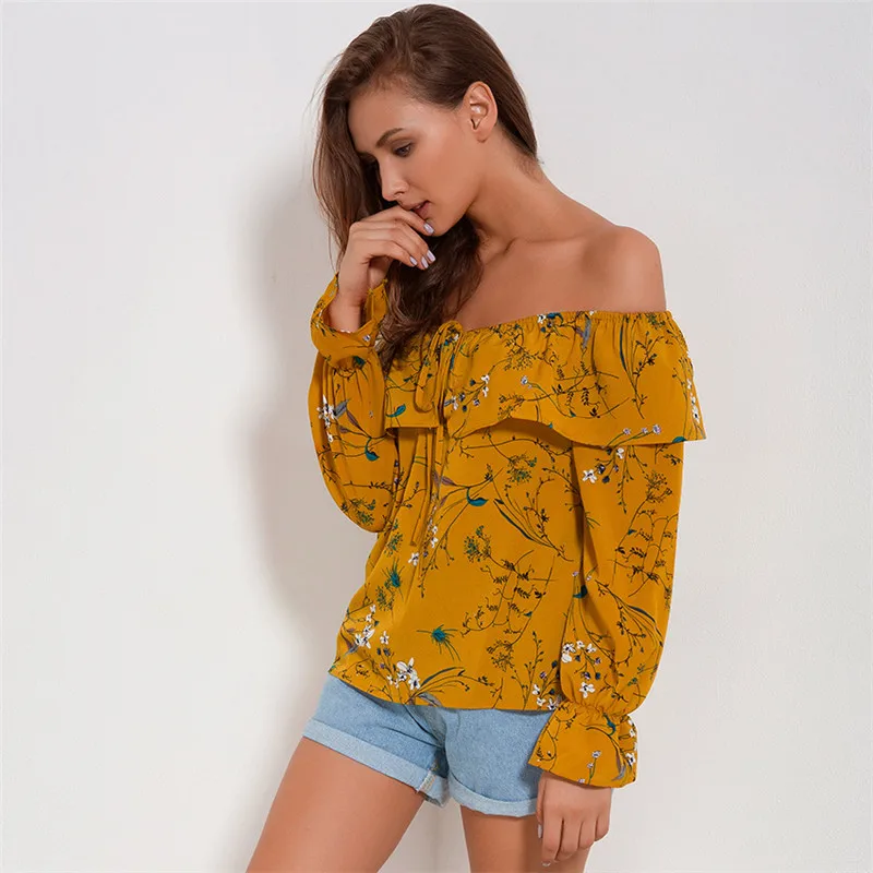 RIISDA Women Slash Neck Shirt Chiffon Print Ruffles Sleeved Blusas Casual Shirts For Womens Blouses Female Spring Summer Tops  (4)