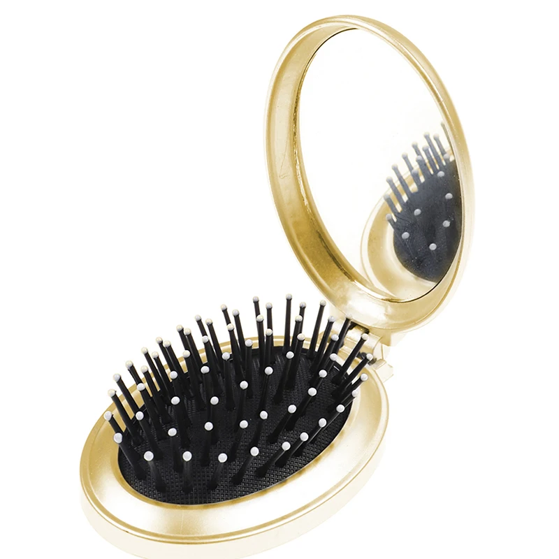 Anti-static Portable Round Pocket Small Size Travel Massage Folding Comb Girl Detangling Hair Brush With Mirror Styling Tools