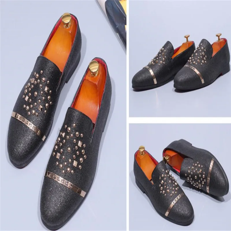 Luxury Men Silver Black Diamond Spiked Loafers Rivets Slippers Red Bottom Wedding Party Shoes Stylish men driving flats