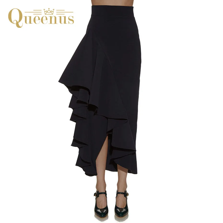 Queenus 2017 Women Skirt A Line Asymmetric Skirt Fashion Casual Falbala Mid Calf Slim Black