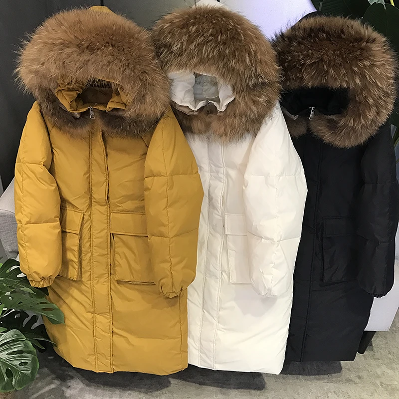 Fourrure Pardessus Veste Beige noir Femme Femmes Raton À Manteau D'hiver Réel Grand Collier Capuchon Longue Lâche Parka Laveur De orange 90Blanc 2018 Canard Duvet b76gyIfvY