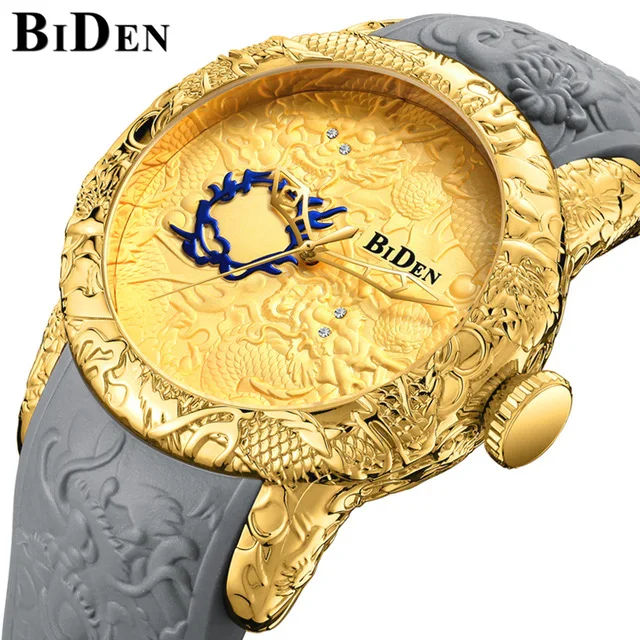 

BIDEN Gold Watch Men 3D Sculpture Dragon Creative Mens Watches Top Brand Luxury Quartz Wrist Watch Male Clock Relogio Masculino