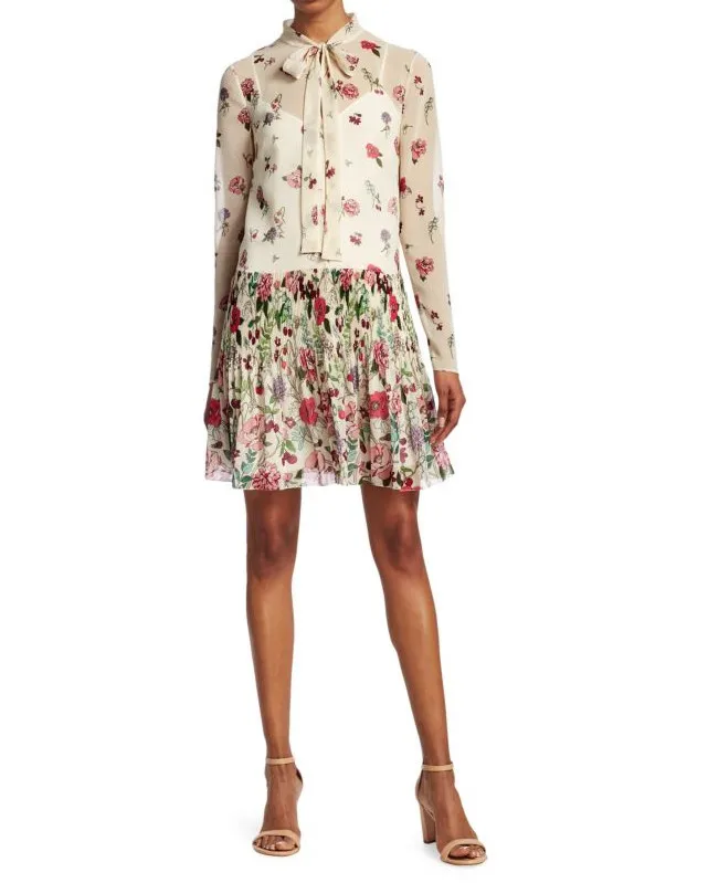 

Women Sweet Floral Print Mini Pleated Dress Long Sleeve Female Casual Bow Dresses