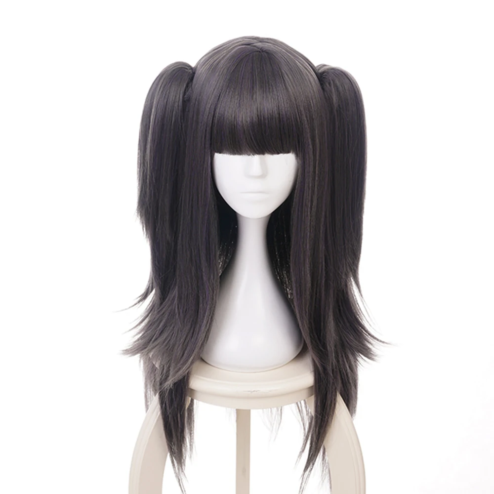 

Anime 80cm Long Wavy Black Mixed Purple Bangs Cosplay Hair Wig Heat Resistant + 2 Ponytails
