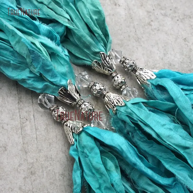 20171212-PM9122- Turquoise Sari Silk Tassel Pendant Antique Silver