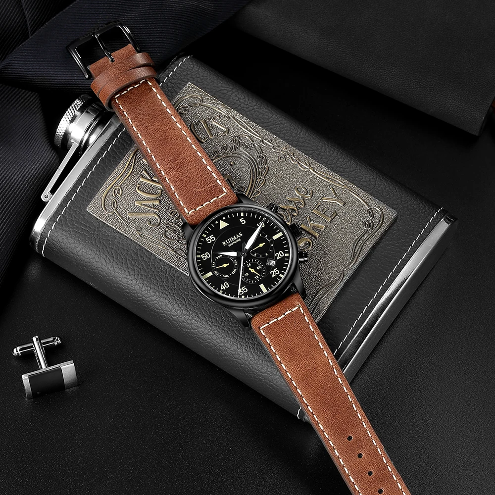 RUIMAS Мужские автоматические механические часы с хронографом, деловые часы с сапфировым стеклом, светящиеся военные наручные часы с кожаным ремешком