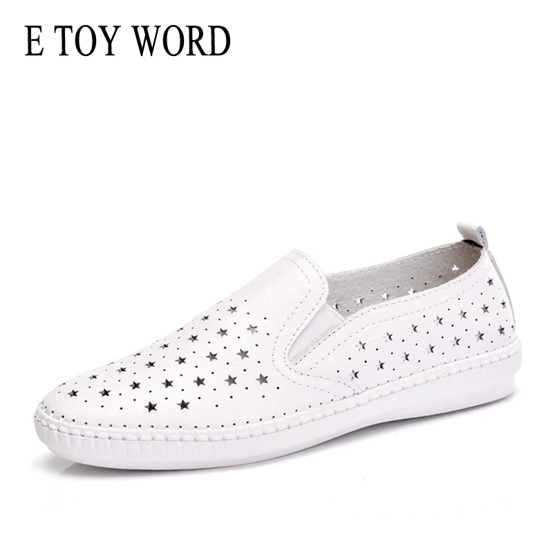 

E TOY WORD Autumn loafers woman genuine leather Flats Female Casual slip-on white shoes cutout comfortable flat woman shoes