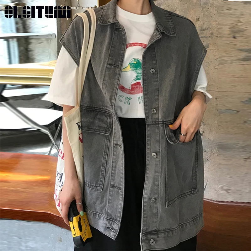 

Cowboy Vest Female 2019 New Spring Autumn Loose Korean Students Wild BF Harajuku Wind Tooling Sleeveless Vest VE133