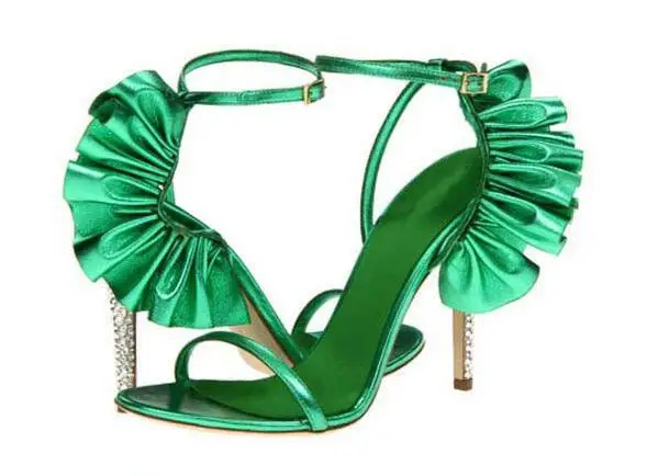 

Top quolity women high heel sandals open-toe light green and rose shoes ruffles design ankle strap high shiny heels T-show shoes