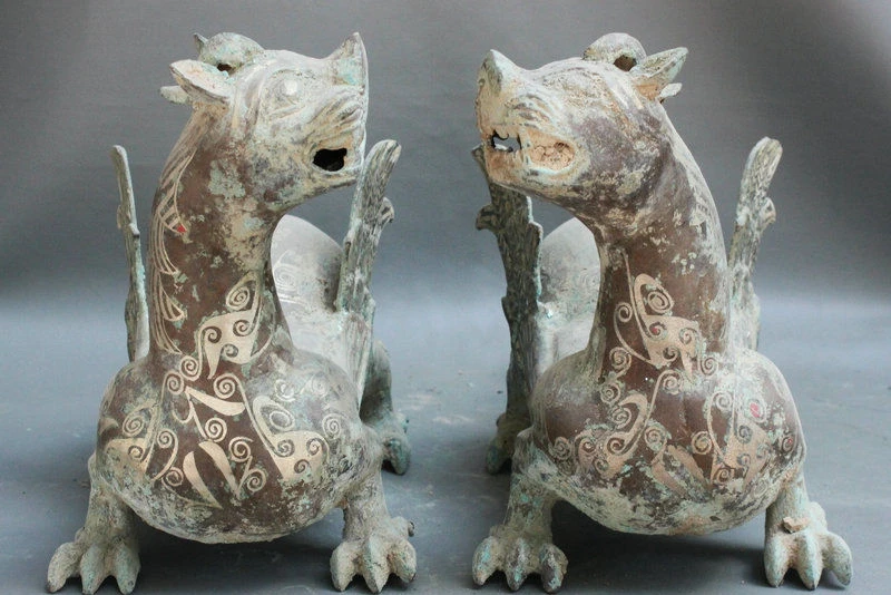 

17" Ancient Chinese FengShui Bronze Fly PiXiu Unicorn Beast Animal Statue Pair