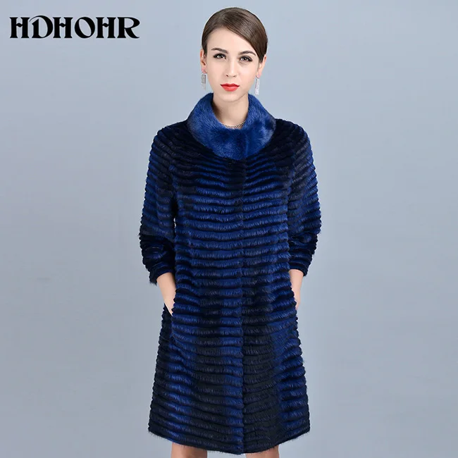 HDHOHR, высокое качество, Вязаные норковые шубы, модные натуральные норковые шубы, зимние куртки для женщин, теплые длинные шубы из натурального меха Parker - Цвет: Королевский синий