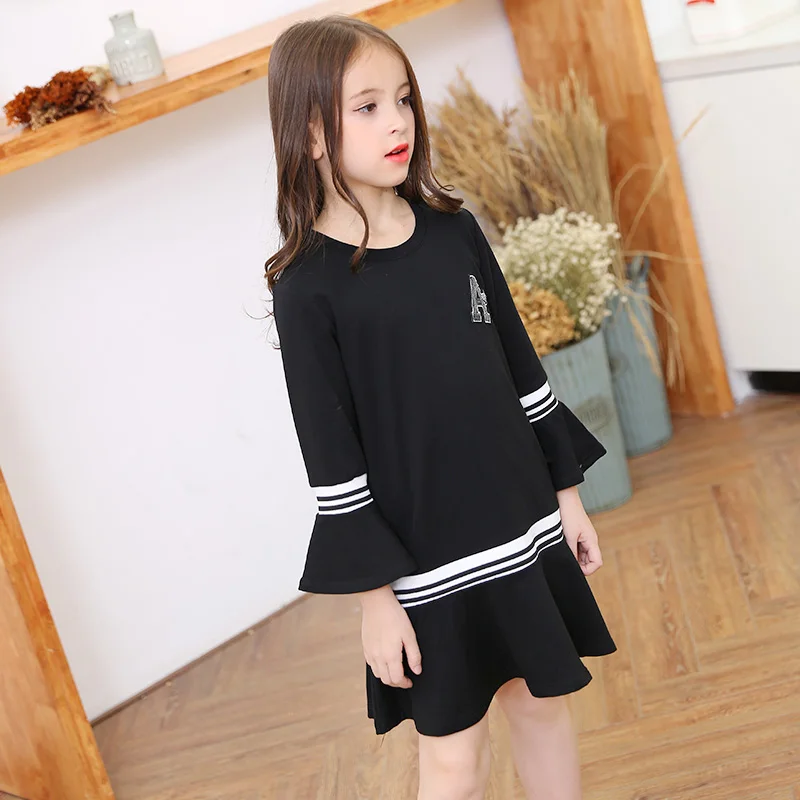 

Toddler Girl Spring Dress Flare Sleeve Ruffles Black Girls Dresses Teen Girls Students School Dress Size 6 8 10 12 14 15