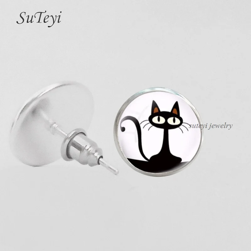 SUTEYI мультфильм Черный кот Картина стеклянные серьги Kawaii гвоздики с животными для