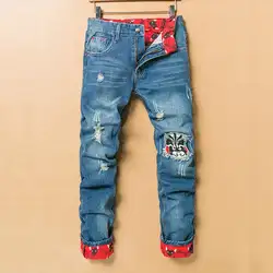 Новинка 2019 года печатных джинсы для женщин для мужчин, повседневное рваные джинсы для мужчин ретро тонкий прямые мужские джинсы