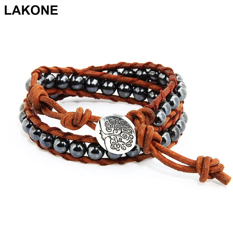 

Leather Wrap Bracelet Beaded Bracelets Tree Of Life Button Boho Beach Style Adjustable Hematite Stone Beads Vintage Tribal