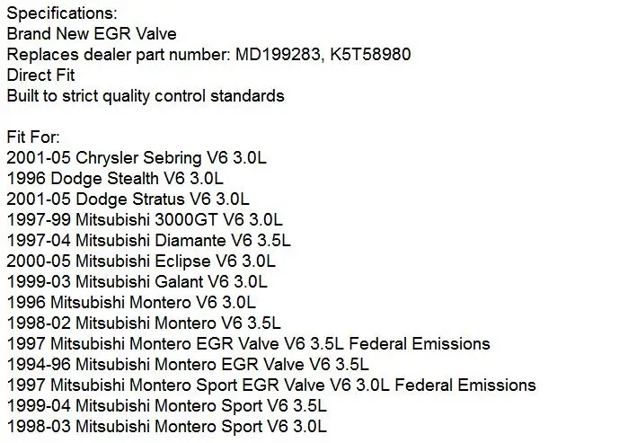 K5T58980 2845038210 EGV959 выбросов EGR клапан в сборе MD199283 для Chrysler Dodge, mitsubishi 3.0L 3.5L V6 44F1191
