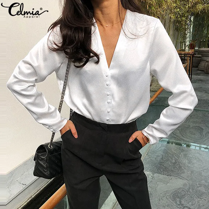 

2019 Autumn Tops and Blouses Women Celmia Sexy V Neck Long Sleeve Casual Buttons OL Work Office Ladies Shirts Plus Size Blusas