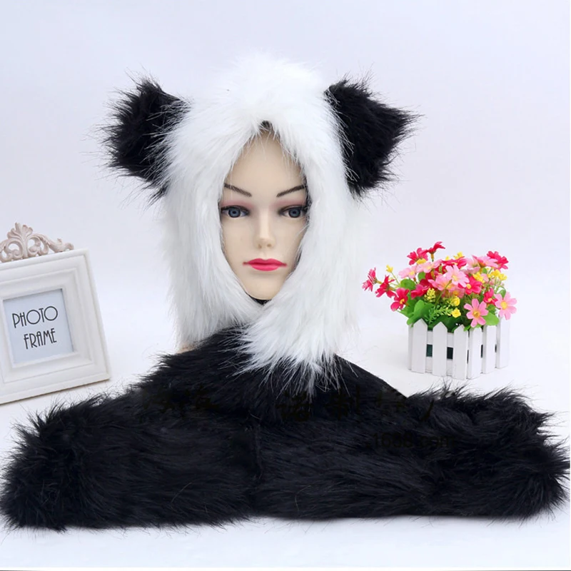 Зимняя мода теплая панда животное искусственный мех шапка шарф варежки уши и лапы шапка шарф шаль наборы перчаток PC187