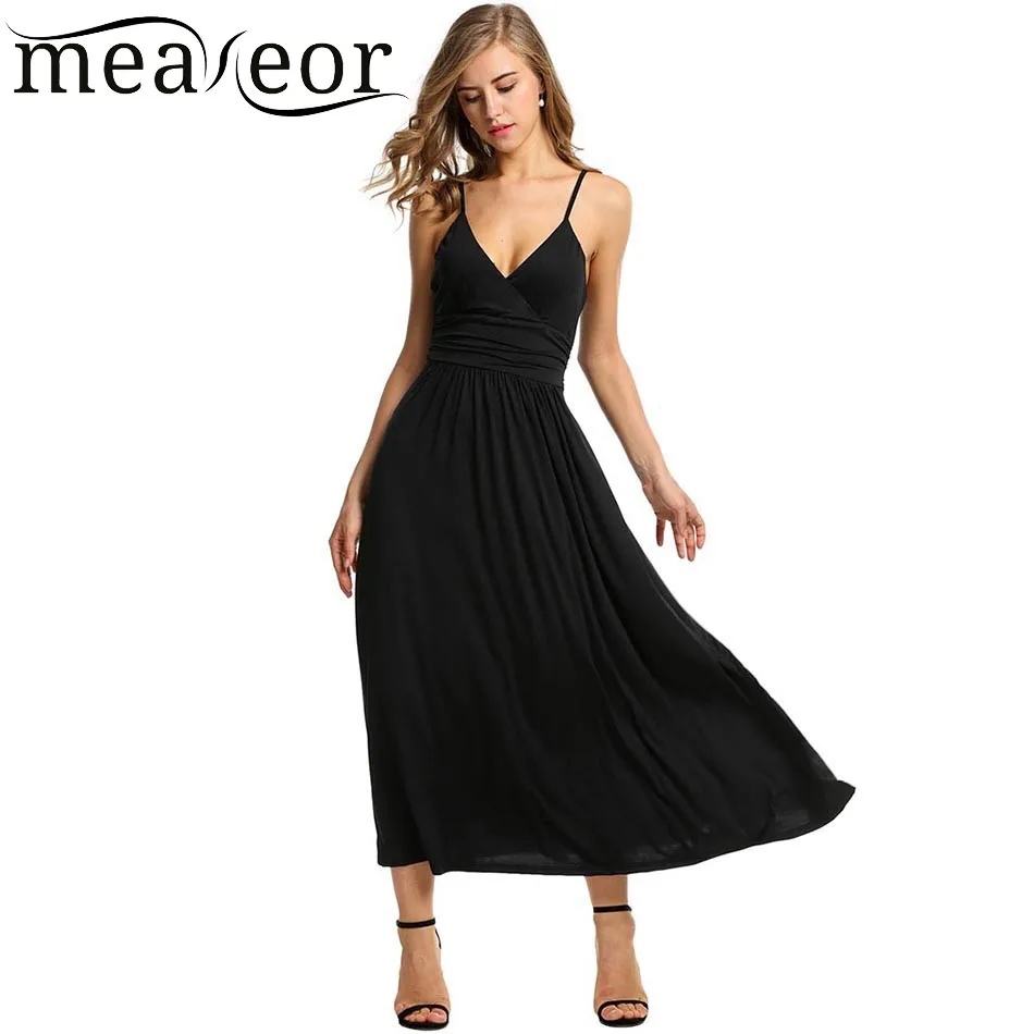 Kopen Meaneor Vrouwen Verstelbare Riem V hals Maxi Jurk Hoge Taille Soild Casual Party Slim Geplooide Lange Jurk 2018 Lente zomer