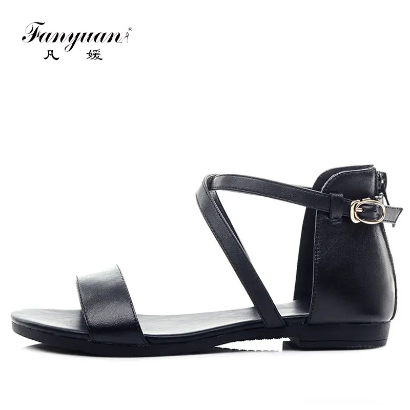 

Fanyuan Summer Women Sandals Zipper Genuine Leather Flat Heel Footwear Women Shoes Casual Ankle strap Shoe Woman Plus size 33-43