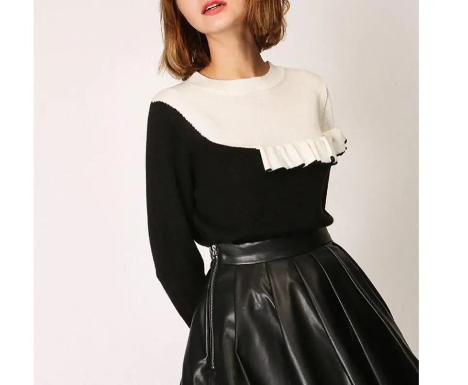 Black White Contrast Color Ruffles Sweater Woman Casual O Neck Long Sleeve Patchwork Pullovers Tops 2018 Wool Knitted Sweaters | Женская