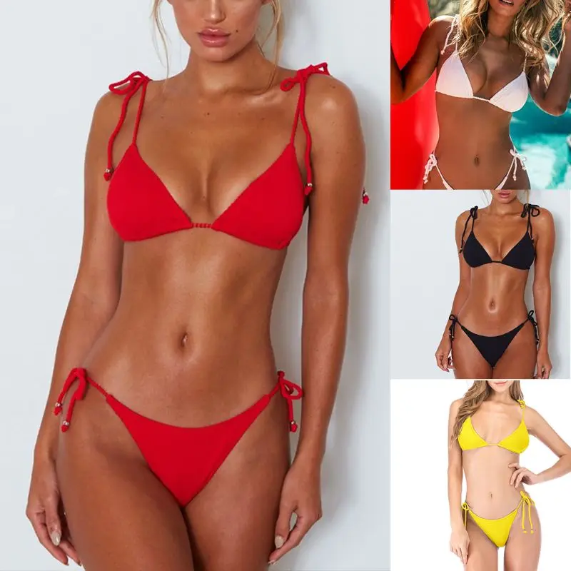

Womens Sexy Two Piece Bikini Set Deep V-Neck Lace Up Straps Bra Solid Color Thread Vertical Stripes Swimsuit Low Waist Side Tie