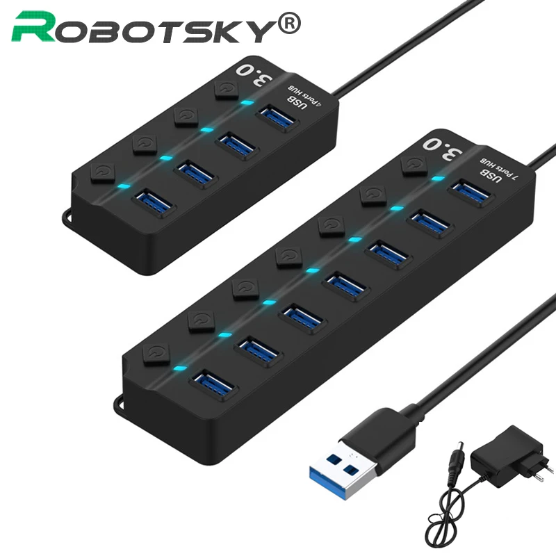 Высокая скорость USB 3,0 концентратор 4/7 порт USB3.0 HUB разветвитель на/выключение светодиодного индикатора С EU/US адаптер питания для ноутбука MacBook PC