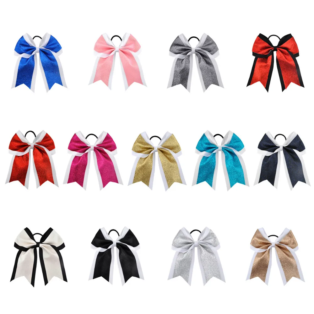 

7 Inch 13PCS/LOT Sequin Cheerleading Hair Bow Glitter Grosgrain Ribbon Bows Elastic Band Ponytail Hair Holder For Girls And Wome