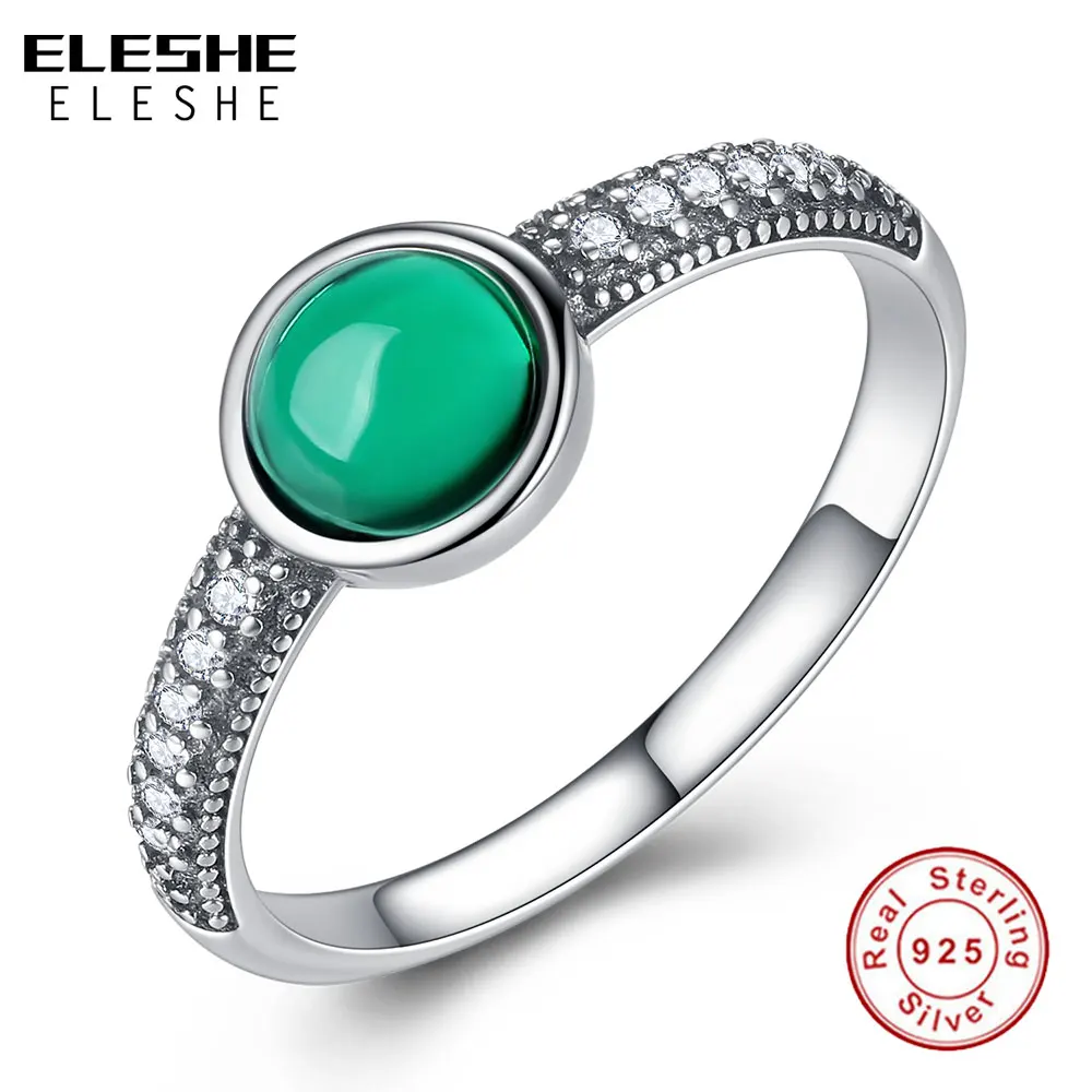 ELESHE Classic Engagement Wedding 925 Sterling Silver Finger Rings Jewelry Green Cubic Zirconia Stone Rings For Women