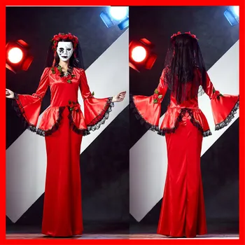 

Halloween Zombie Cosplay Red Ghost Bride Costumes Witch Princess Mesh Dress and Head Wear Set Halloween Costumes For Women