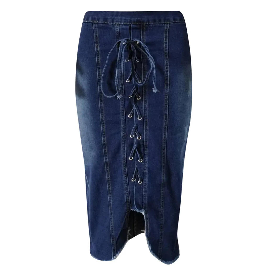 Goedkoop Front Lace Up Denim Rokken Vrouwen Hoge Taille Ripped Vernietigd Bodycon Rok Potlood Midi Rok Faldas Mujer Moda Plus Size S 5XL