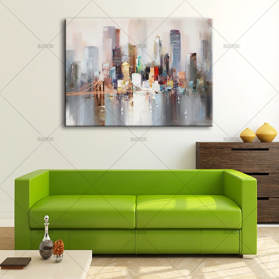Modern-Landscape-New-York-Bridge-Hand-Painted-Canvas-Oil-Painting-Abstract-City-Building-Wall-Picture-for