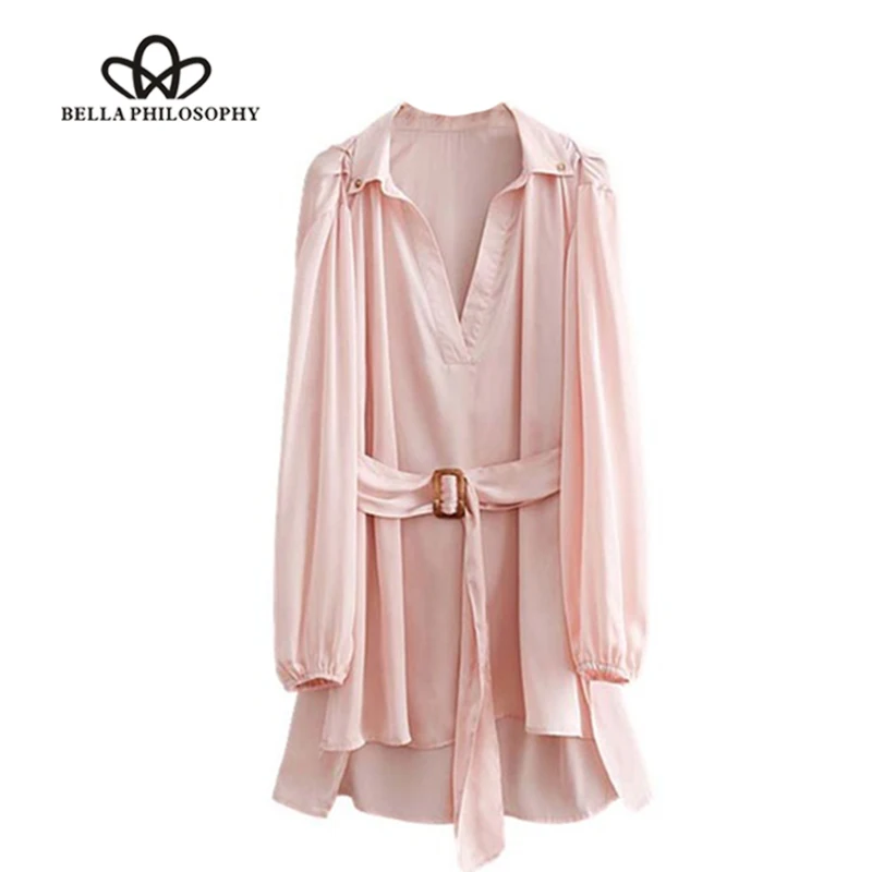 Wonder 2018 new autumn weet pink loose long blouse bow tie sashes long sleeve irregular split shirts female oversized blusa tops