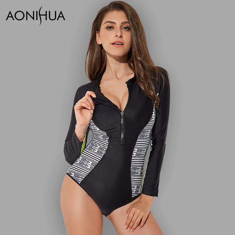 Aonihua 2018 Спорт с длинным рукавом Сёрфинг Одна деталь купальники Для женщин высокое