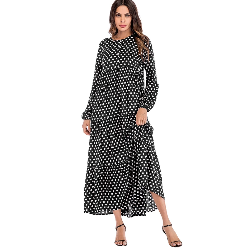 

Women Polka Dot Dress Buttons Ruffle Long Sleeve Big Size Ladies Dresses Loose Maxi Gown Autumn Beach Vintage Boho Dress 2019