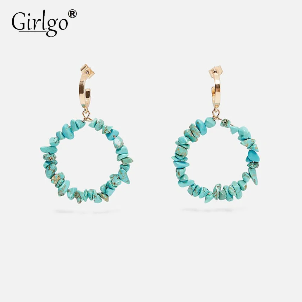 

Girlgo Vintage Stone Beads Blue Color ZA Earrings for Women Trendy Big Round Pendant Earrings Jewelry Wedding Party Wholesale