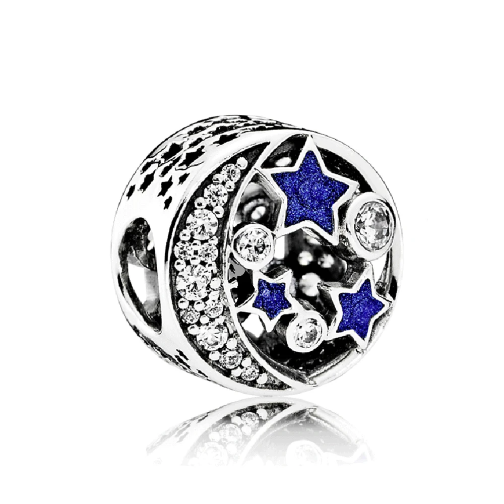 

100% 925 Sterling Silver Vintage Night Sky Charm Blue Stars Charms Fit Original Brand Bracelet Diy Jewelry