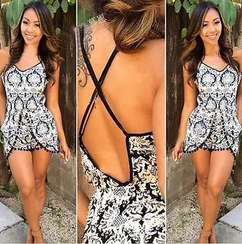 

NEW Fashion Women Summer Backless Sleeveless Floral Print Beach Jumpsuit Casual Short jumpsuit