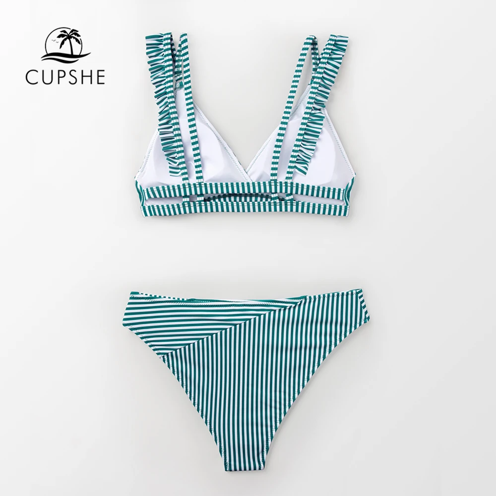 Günstige CUPSHE Cyan Und Weiß Streifen Doppel Straps Rüschen Bikini Sets Frauen Süße Zwei Stück Badeanzüge 2020 Mädchen Strand Badeanzüge