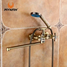 MYNAH Russia Free Shipping Brass Golden Bathroom Faucets Tub Filler Faucets Mixer Tap Spa Waterfall Hand Shower Holder M2759B