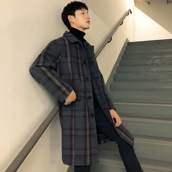 

2019 Spring New Men's Korean Version Of The Loose Retro Plaid Woolen Trend Pockets Ins Super Fire Long Couple Fashion Jacket