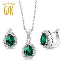 GemStoneKing 6.50 Ct Pear Shape Green Nano Emerald Pendant Earrings 925 Sterling Silver Vintage Wedding Jewelry Sets For Bridal