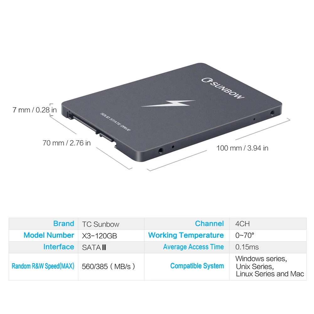 TCSUNBOW 120 ГБ SSD 2,5 дюймов SataIII внутренний жесткий диск HDD для ПК тонкий клиент