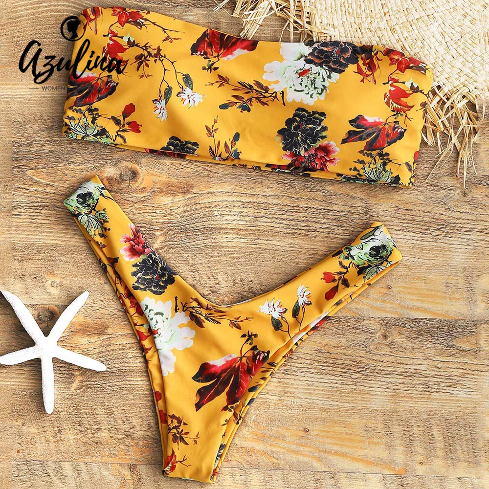 

AZULINA Floral Bandeau Bikini Sexy Thong Bikini Swimwear Women Swimsuit Brazilian Bikinis Bathing Suit Maillot De Bain Femme