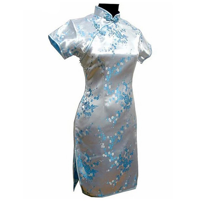 Черное традиционное китайское платье Mujer Vestido Женские атласные Qipao Мини Cheongsam цветочный размер S M L XL XXL XXXL 4XL 5XL 6XL J4039 - Цвет: Light Blue - Short