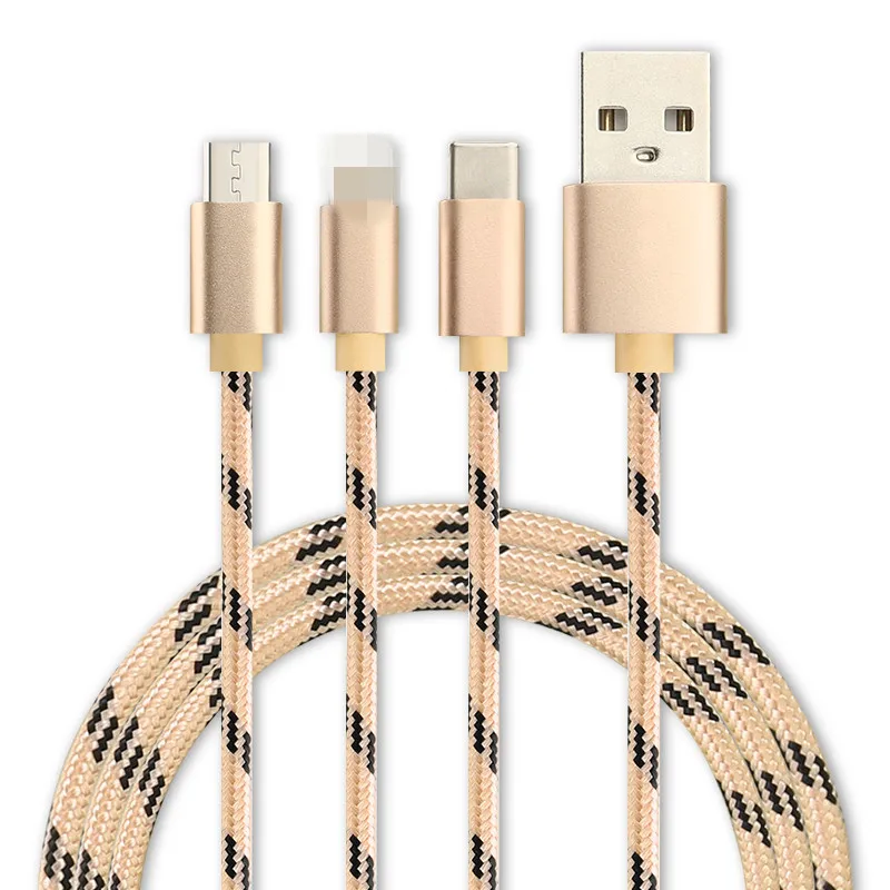 

Multi-function Three-in-one Mobile Phone Nylon Fast Charge Micro USB Data Adapter Cable USB Charging Line Apple Android Tablet