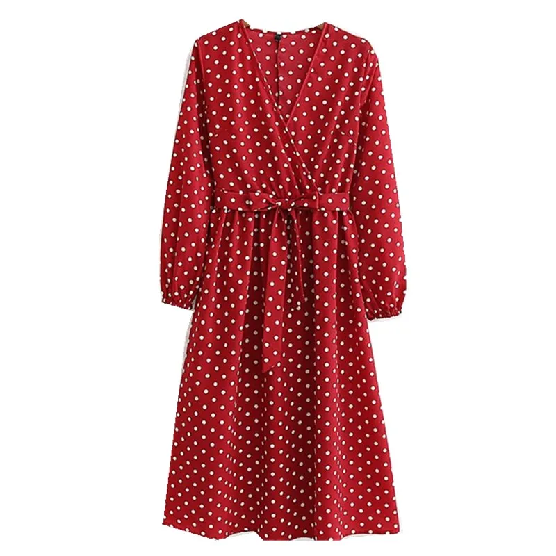2019 French Cross V neck Polka Dot Print Dress Red Retro Woman Bow Tide Sashes Long sleeve Mid-calf Slim Fit Spring Dresses